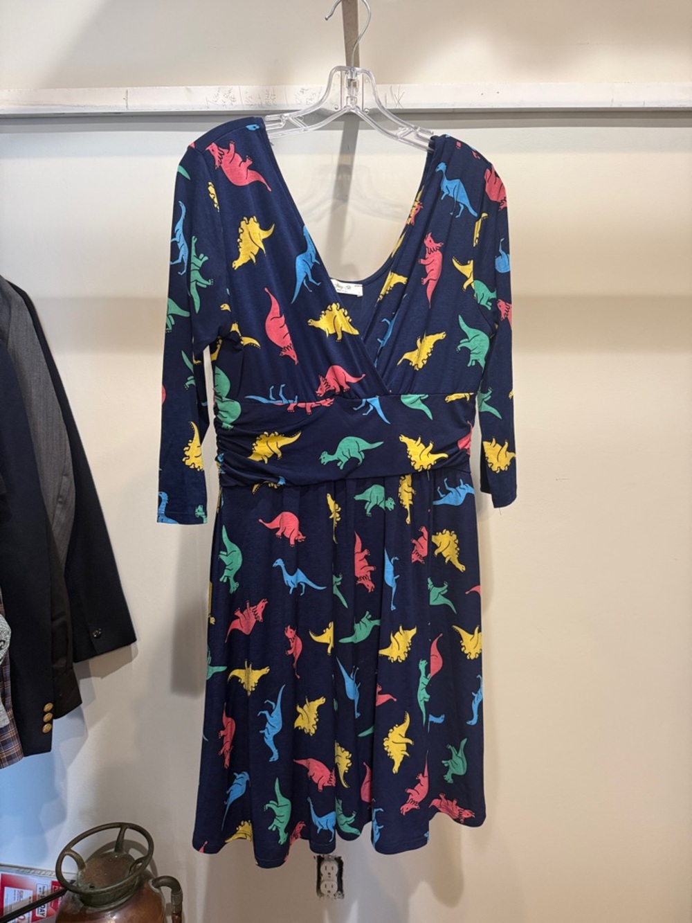Navy Dinosaur Print V-Neck Dress